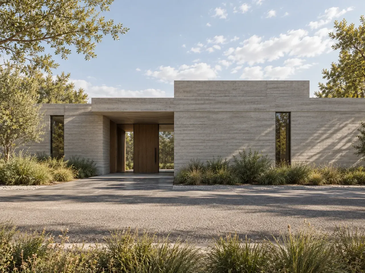 Concept render of the recessed oak entrance in a low board-marked concrete facade
