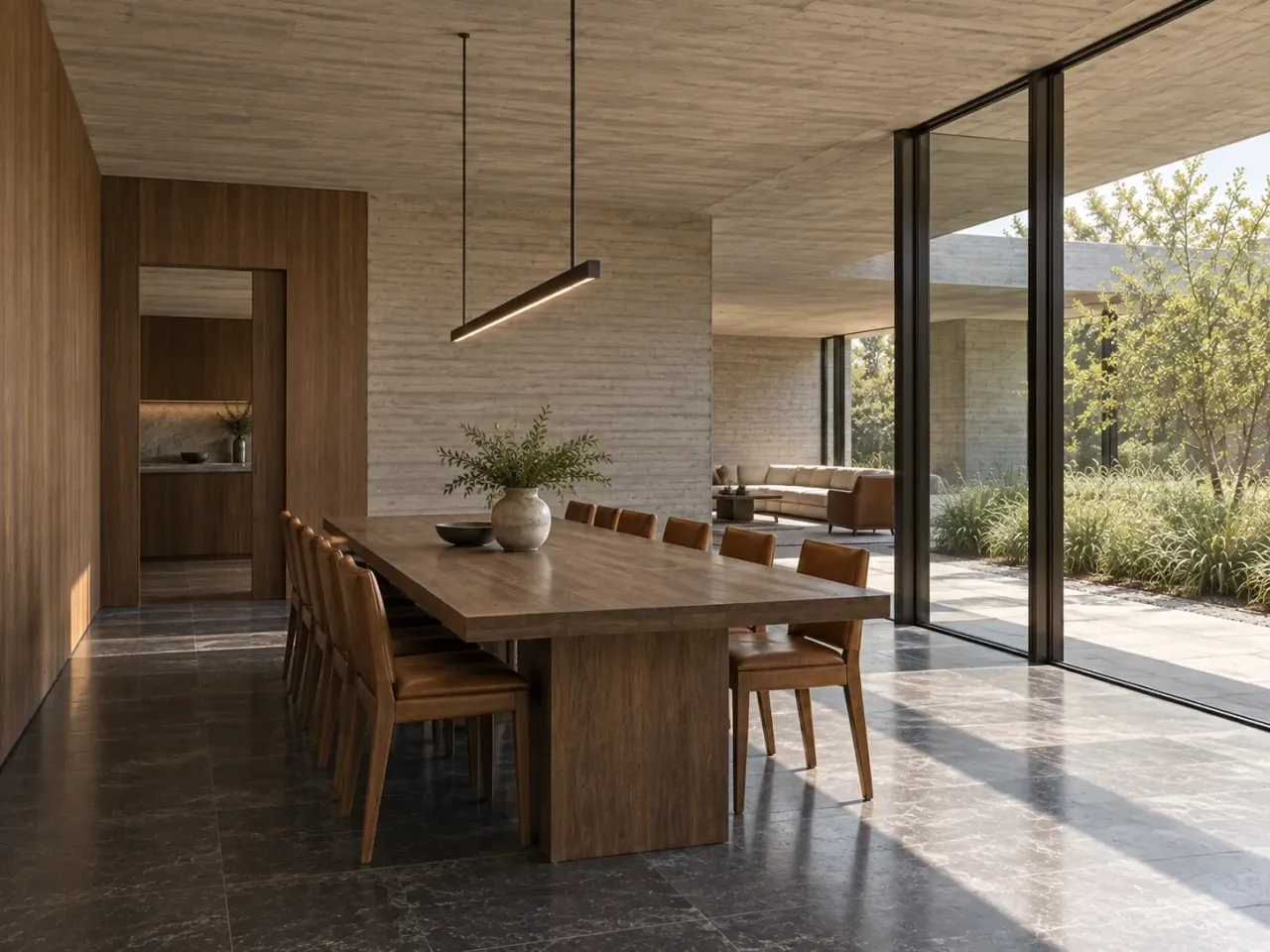 Concept render toward the dining table, kitchen opening and salon connection