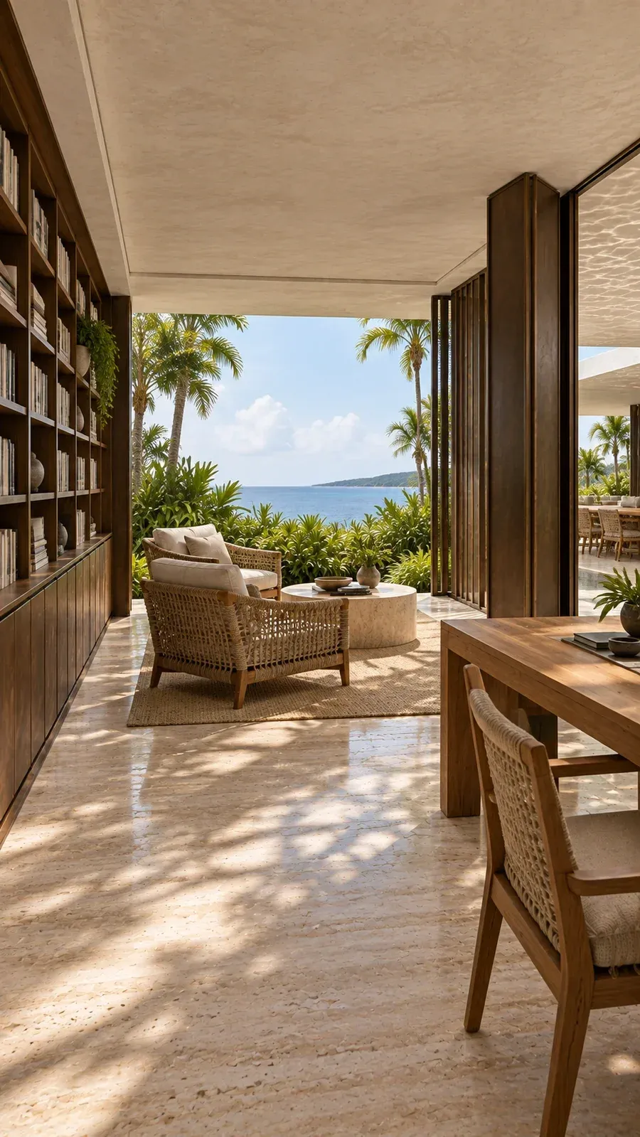 Concept render of woven reading chairs beside a teak library and filtered sea view