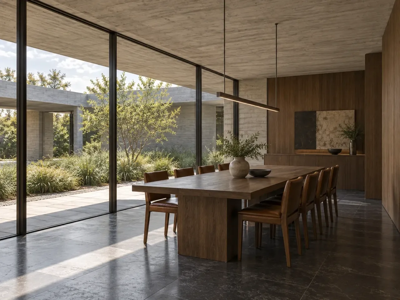 Concept render of the oak dining table beside court-facing glazing