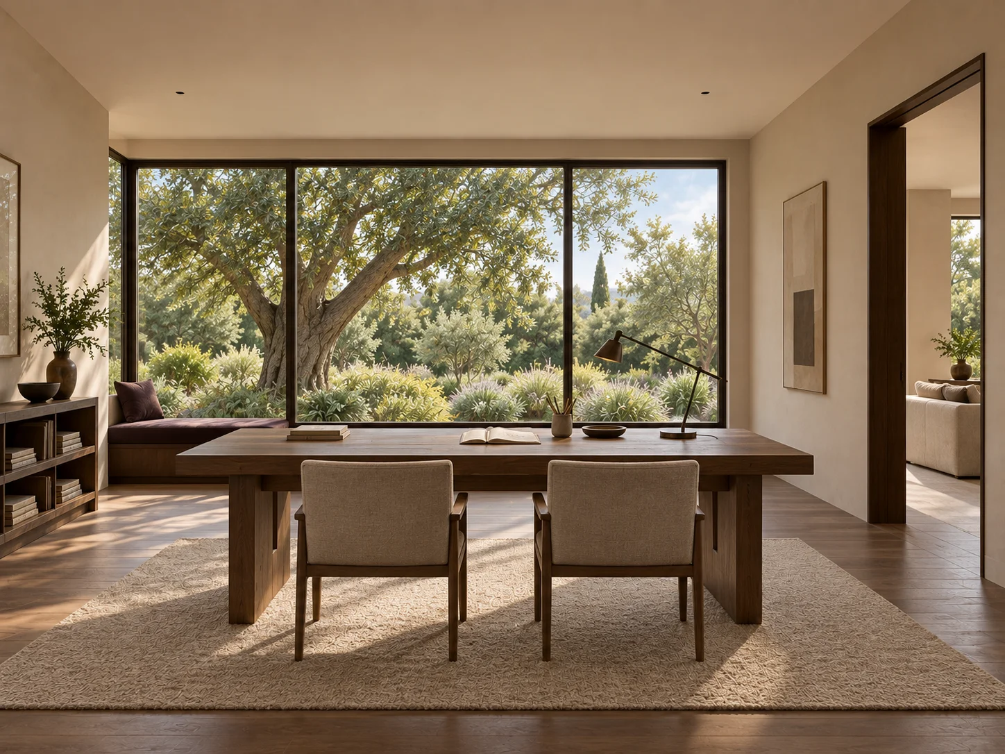 Lightfold Hall concept visualization: drawing studio with a large timber worktable and garden-facing glazing