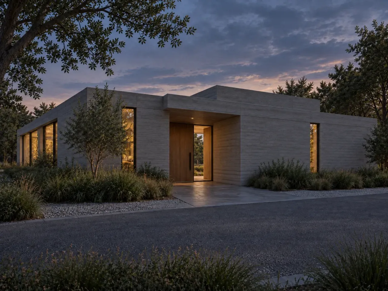 Concept render of the low concrete house and warm interior lights at twilight