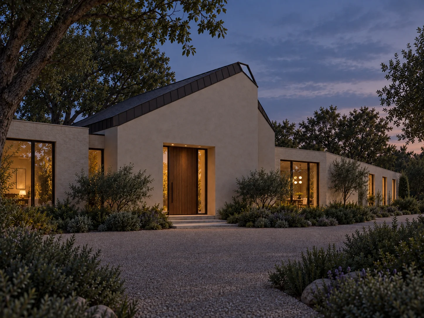 Lightfold Hall concept visualization: twilight exterior with warm rooms behind dark garden planting