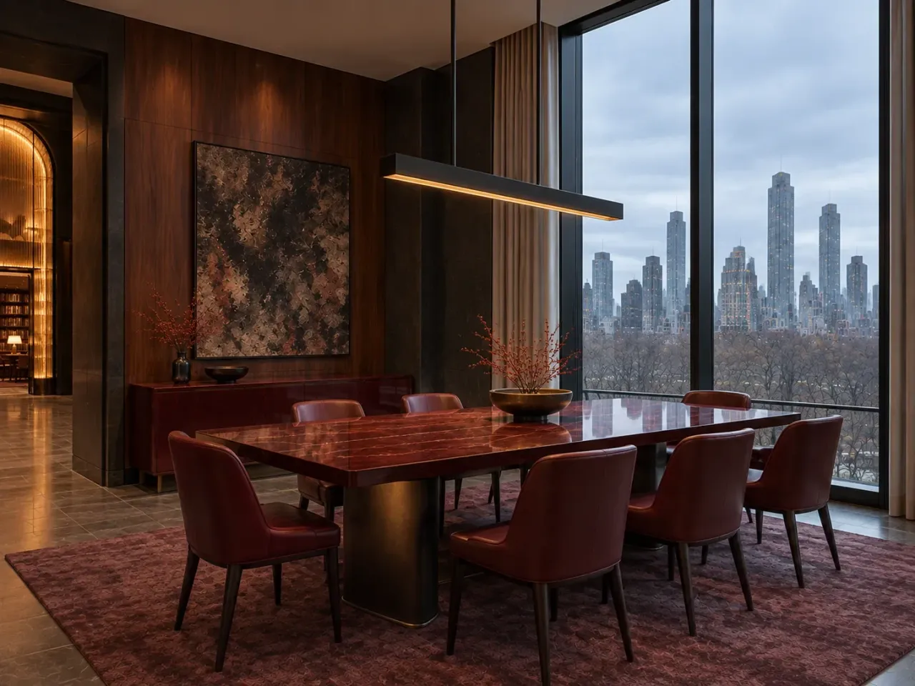 Opposing concept render of the Supper Salon facing city windows across the dining table