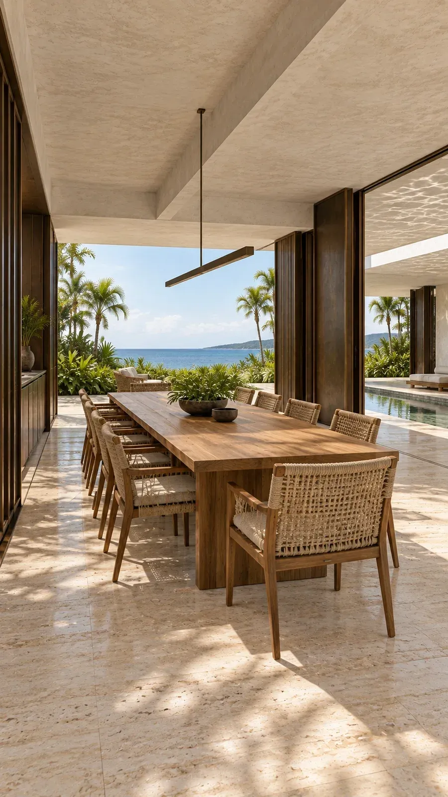 Concept render of a teak dining table and woven chairs beside the coastal opening