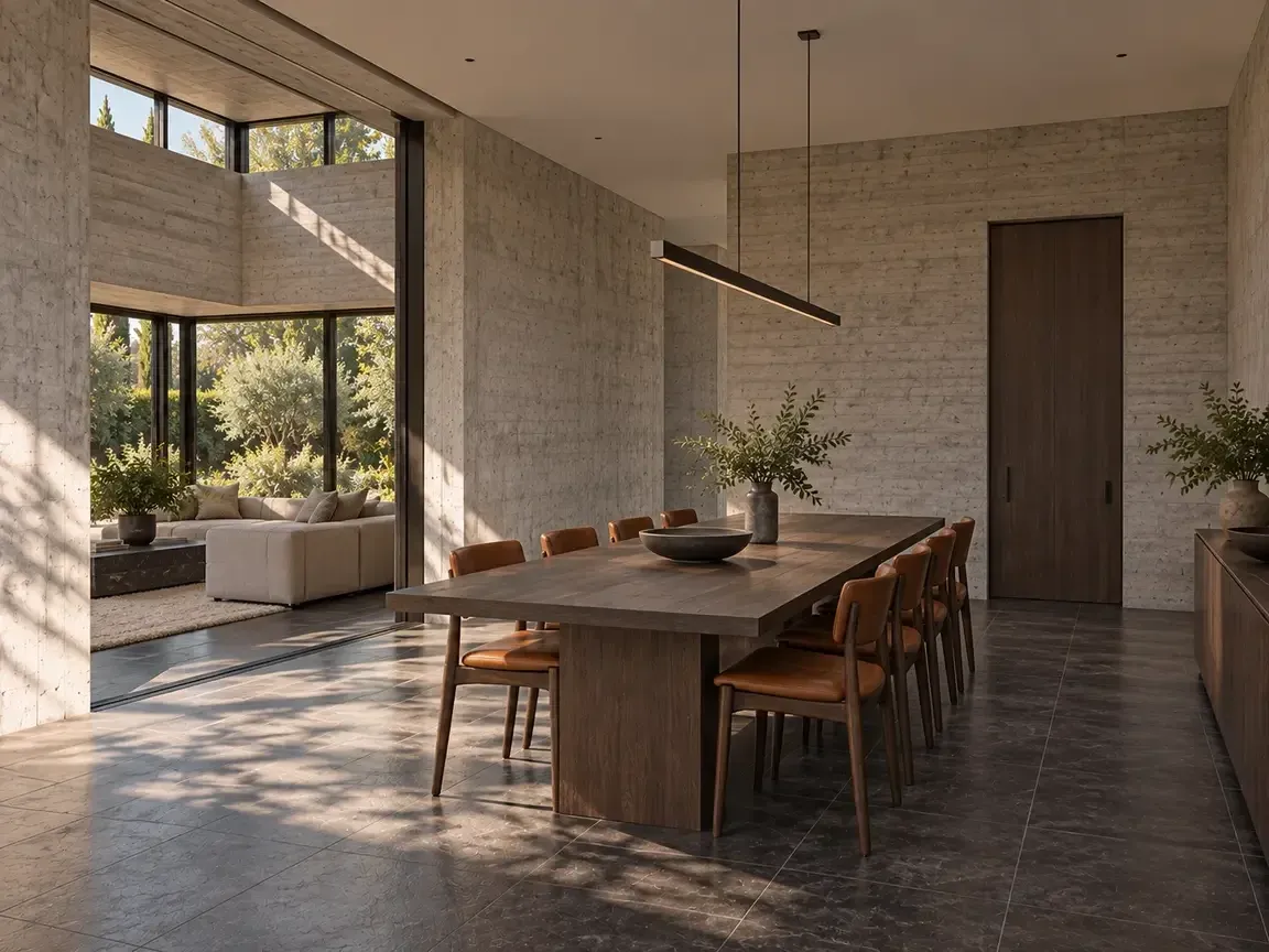 Opposing concept render of the dining room toward its service door and salon opening